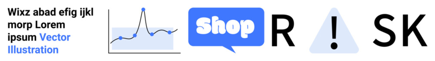 A mix of graphs, shopping, and risk symbols representing data analysis in e-commerce. Ideal for business analytics, online shopping, risk assessment, data visualization, and digital marketing. Banner