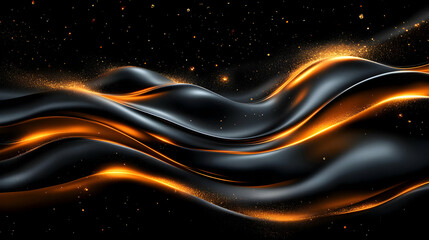 Abstract 3D Background: Black Waves with Golden Sparkles