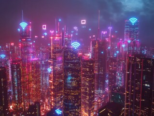 Fototapeta premium A futuristic cityscape illuminated by neon lights and digital symbols. The city is bustling with activity, with people and vehicles moving through the streets.