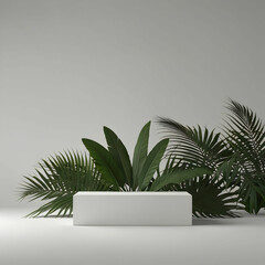 A white podium surrounded by lush green tropical palm leaves,