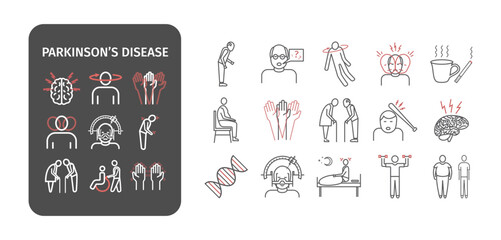 Parkinson's disease. Symptoms, Treatment. Line icons set. Vector signs for web graphics.