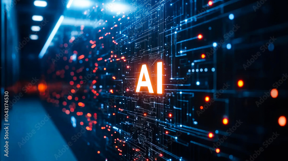 Wall mural futuristic ai technology concept with digital circuit board and glowing lights in a data center