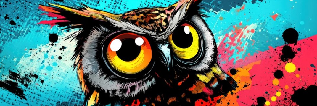 A cool Pop art style owl with large eyes and a patterned background of comic book elements