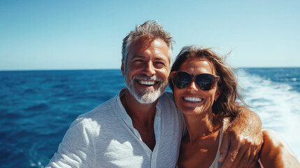 Happy couple enjoying a sunny day on the ocean: smiling, relaxation, vacation, adventure, travel