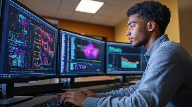 Focused analyst examining data on multiple screens in modern office environment