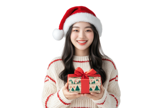 Smiling Asian woman in Christmas sweater and Santa hat holding gift box isolated on a transparent background