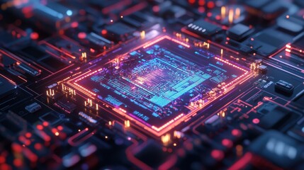 Obraz premium Futuristic digital platform showcasing vibrant holographic displays and advanced technology in a modern setting.