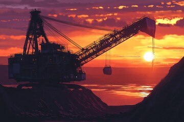 A large mining pit lies open, with massive equipment at work as the sun sets, casting a warm golden glow over the scene. The sky is painted with vibrant colors, highlighting the scale of the operation