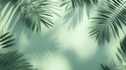 Obraz premium Lush green palm leaves casting shadows on a soft, light background.