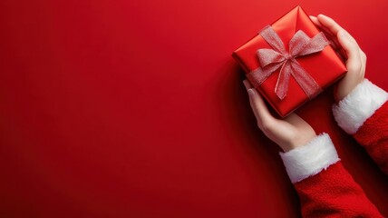 Hand of santa claus holding red christmas gift on red background,Santa Claus gloved hand with giftbox in Christmas day,Black Friday, Sales,Giving Gift concept,copy space.