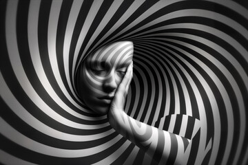Surreal optical illusion of a woman's face emerging from swirling black and white stripes