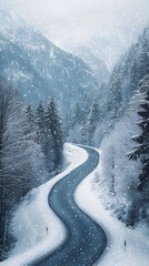 A winding road in the snow-covered mountains of Switzerland, snow-covered trees and a white, snowy landscape