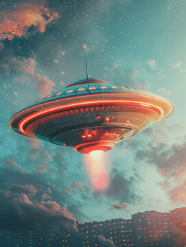 Retro vintage color photograph movie poster dramatic UFO flying saucer over a big city news style 1960s sci-fi science fiction alien invasion journalistic hoax conspiracy theory concepts	
