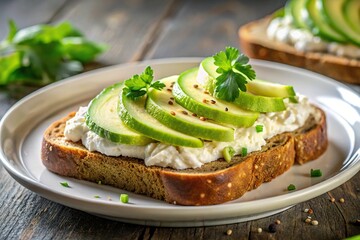 Healthy toast with cream cheese and avocado on plate