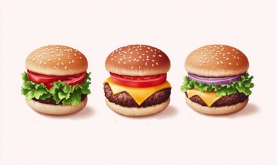 Isometric burger with lettuce, cheese, and tomato layers, detailed fast food icon, 3D icon set
