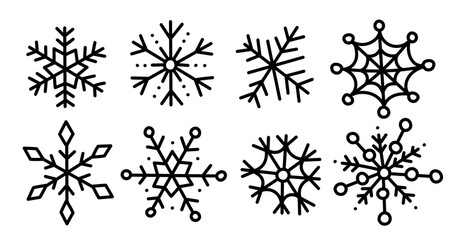 Set of Hand Drawn Snowflakes. Black line drawn cute silhouette snowflake isolated on white. Element for winter design. Collection snowflakes ink freehand. Vector illustration
