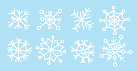 Snowflakes doodle set. Winter element New Year decor Christmas contour. Linear icon freeze sticker for holiday card invitation. Different White snowflakes on light blue background