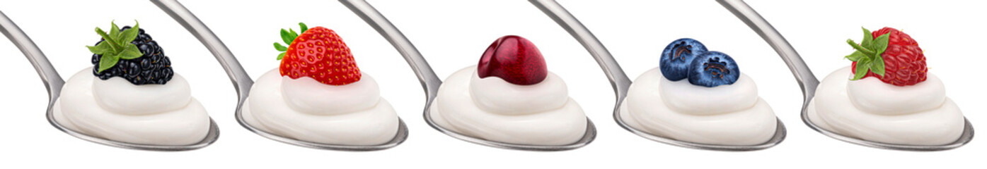 Spoon of yogurt with berries isolated on white background, collection