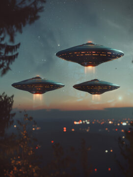 Retro vintage color photograph movie poster dramatic 3 UFO flying saucers over a big city news style 1960s sci-fi science fiction alien invasion journalistic hoax conspiracy theory concepts	