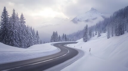 Fototapeta premium A winding road in the snow-covered mountains of Switzerland, snow-covered trees and a white, snowy landscape