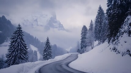 Fototapeta premium A winding road in the snow-covered mountains of Switzerland, snow-covered trees and a white, snowy landscape