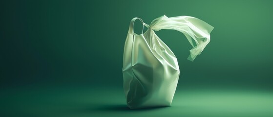 A gracefully suspended plastic bag against a green background symbolizes environmental concerns and sustainability challenges.