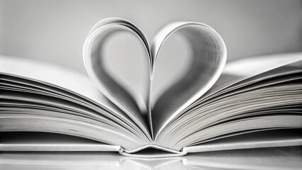 Heart shaped book pages in high angle view black and white photography