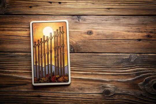 Minimalist Photography of London's Ten of Wands Tarot Card on Wooden Background - January 2024