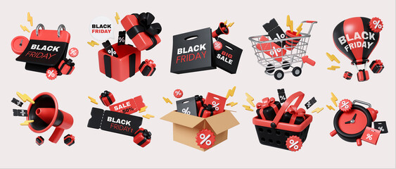 Black Friday Shopping Icons: Cart, Gift, Sale Labels 3D Render