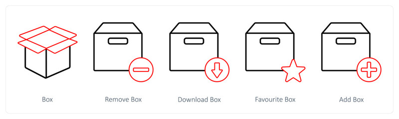 A set of 5 mix icons as box, remove box, download box