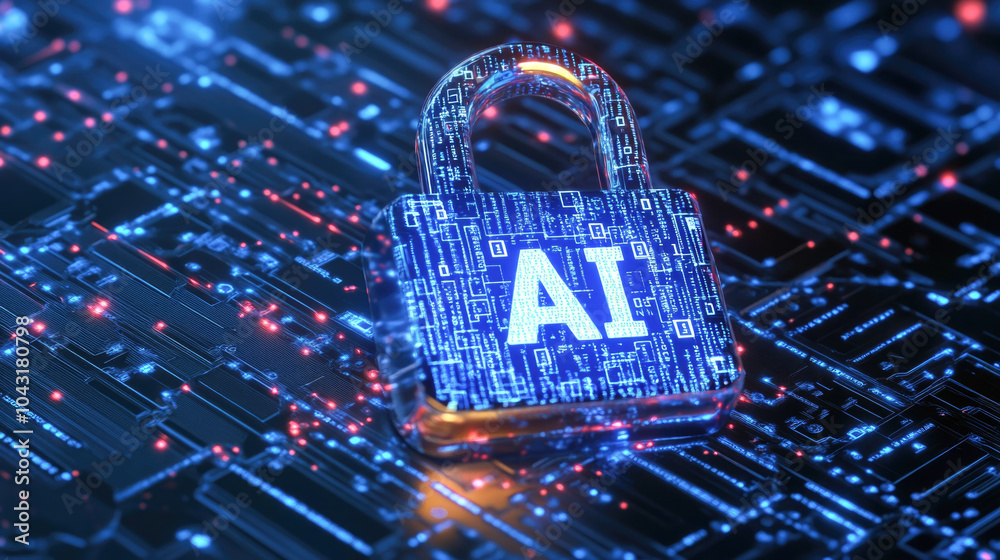 Wall mural ai security concept: digital lock on circuit board with artificial intelligence text