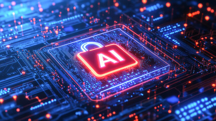 Obraz premium Futuristic circuit board with ai lock symbol in neon colors highlighting security