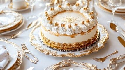 A beautifully decorated cake on an elegant dining table set for a special occasion.