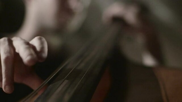 Hands playing on a Contra bass in a dark club performance