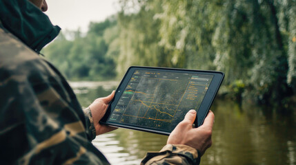 Angler using tablet on lake for monitoring weather and fishing conditions