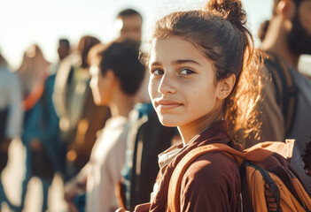 Confident girl with backpack amidst diverse urban crowd at sunset