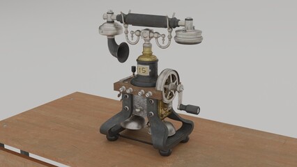 Antique telephone on school desk 4k photos. Antique Gear Telephone.