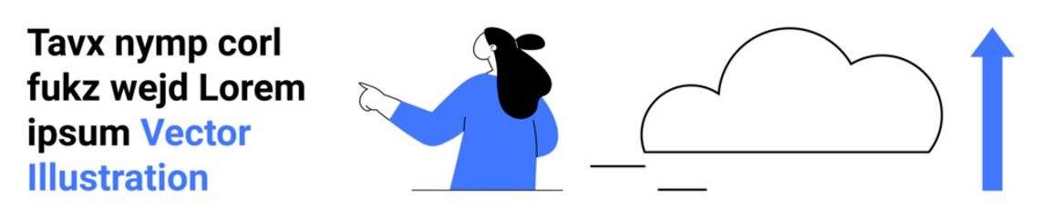 Female figure pointing right, blue shirt, high ponytail, cloud and upward arrow nearby. Ideal for business growth, progress, success, upward trends, innovation concepts. Banner for landing page