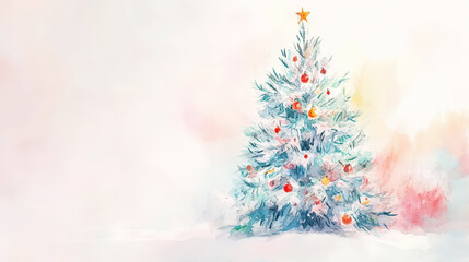 Aesthetic Christmas retro card with new year tree, watercolor hand-painted in pastel colors. Copy space. Generative AI