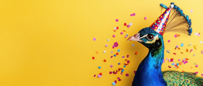 A peacock wearing a party hat with colorful confetti on a bright yellow background.
