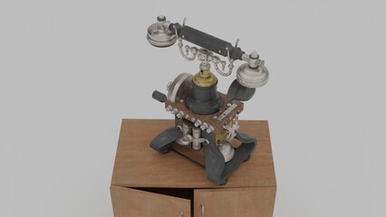 antique telephone on small wardrobe with white background