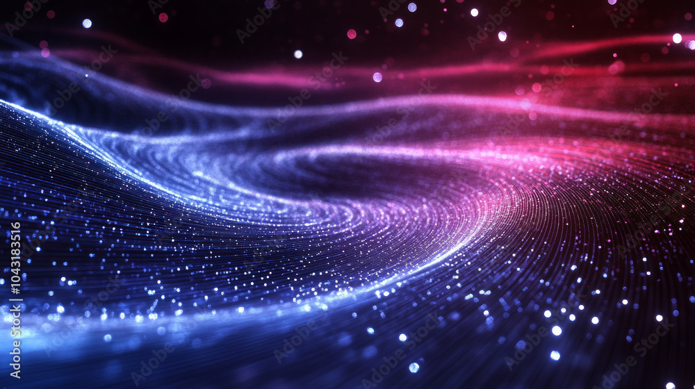 Wall mural colorful abstract background with contored spacetime grid waves and forming stars glowing on dark ba