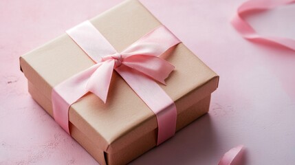 A small gift box wrapped in brown paper with a pink ribbon bow on a pink background.