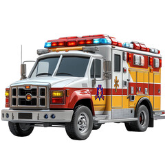 An emergency ambulance vehicle with flashing lights, ready for urgent medical response in a vibrant, colorful design.