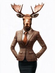 Female moose in a fashionable blazer with a pencil skirt on a white background.