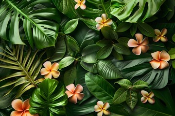 Obraz premium A bunch of green leaves and pink flowers
