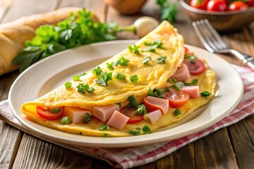 Hearty breakfast omelette with ham and cheese reflected