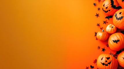 Whimsical Halloween Display of Pumpkins and Flying Bats at Dusk