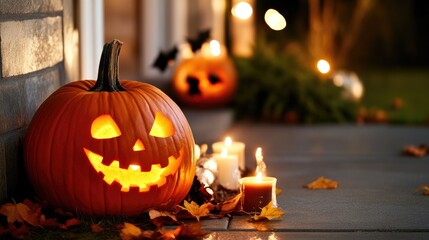 Obraz premium Mysterious Halloween Scene with Flickering Pumpkin Lights on the Steps