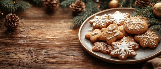 Fototapeta premium Delicious gingerbread cookies shaped like snowflakes on a rustic wooden table with festive decorations during the holiday season.